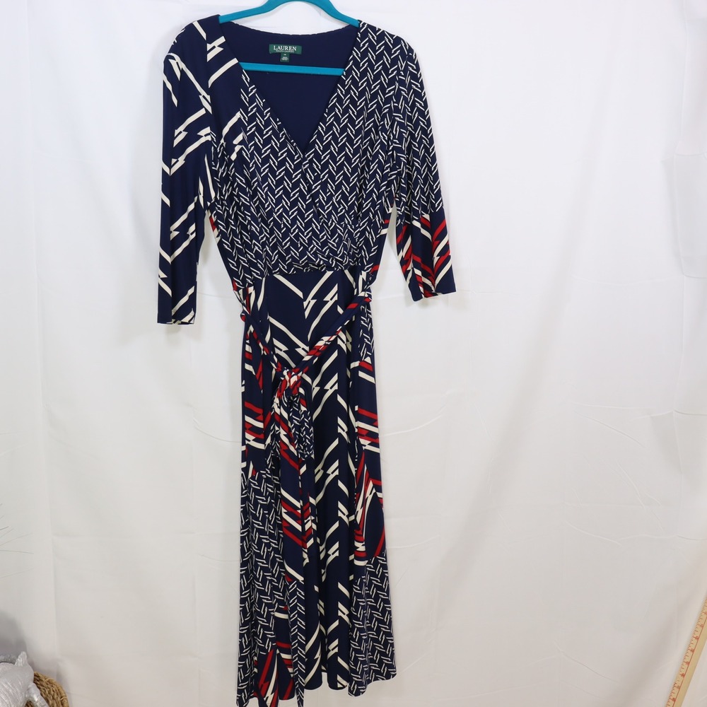 Lauren Ralph Lauren Faux Wrap Dress 14 Navy Blue Womens Preppy Geometric Career
